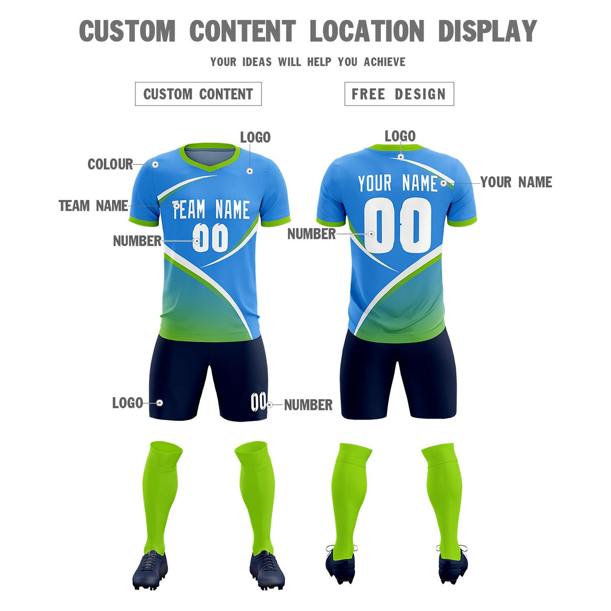 Custom Powder Blue Neon Green Color Block Training Uniform For Men Soccer Sets Jersey