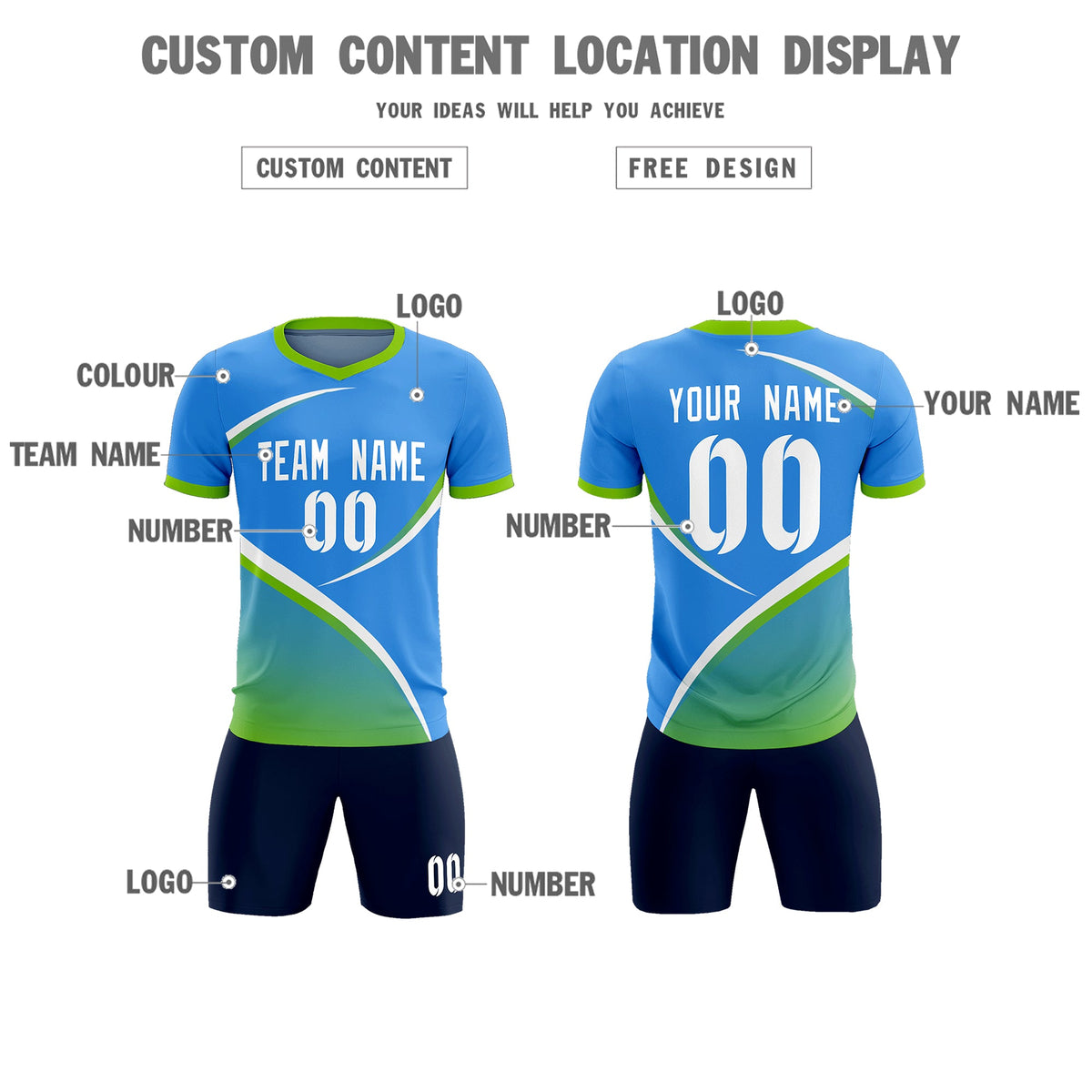 Custom Powder Blue Neon Green Color Block Training Uniform For Men Soccer Sets Jersey