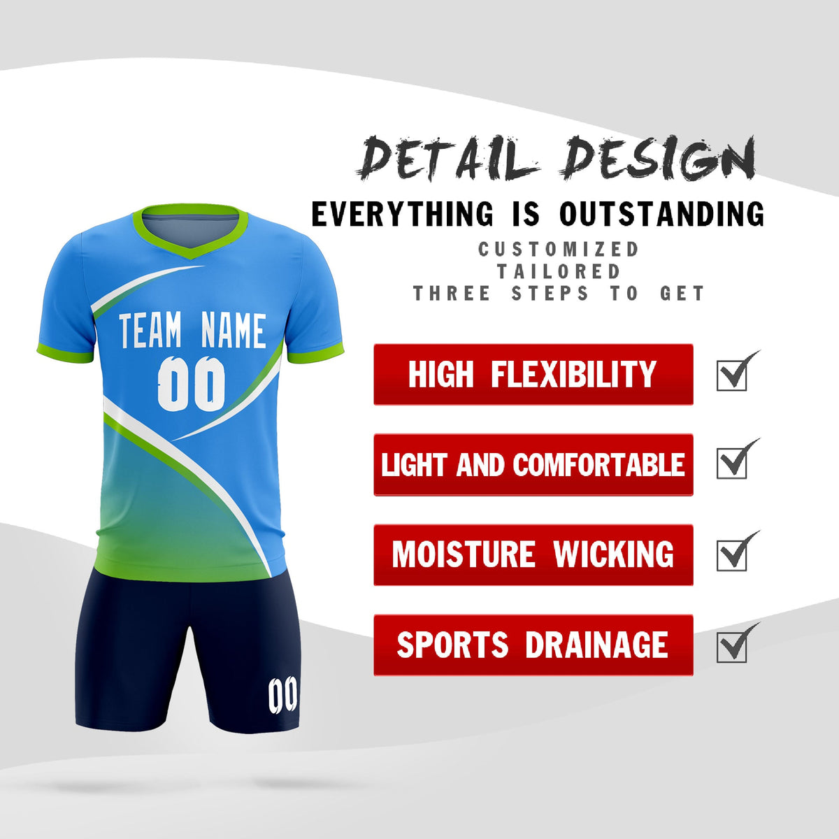 Custom Powder Blue Neon Green Color Block Training Uniform For Men Soccer Sets Jersey