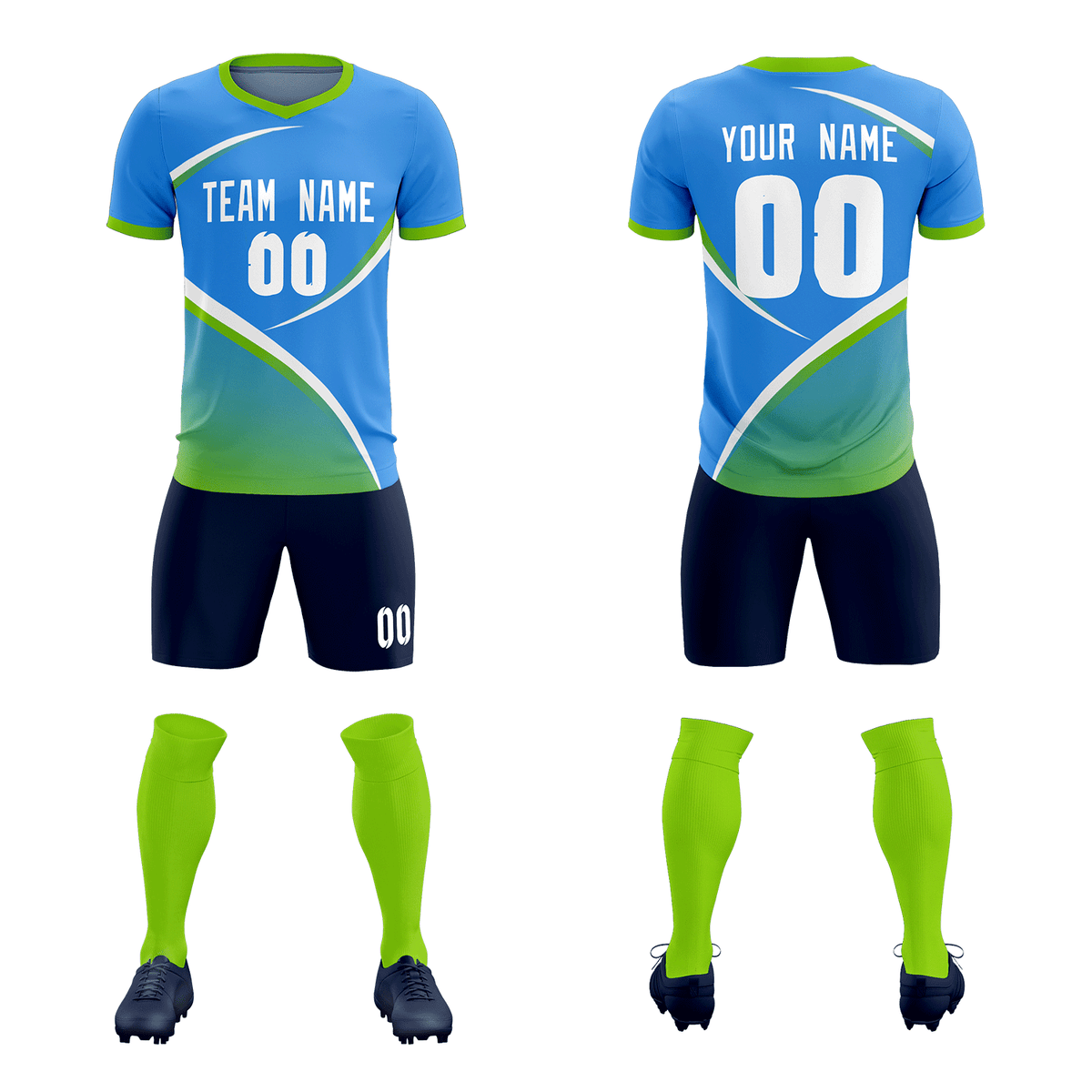 Custom Powder Blue Neon Green Color Block Training Uniform For Men Soccer Sets Jersey