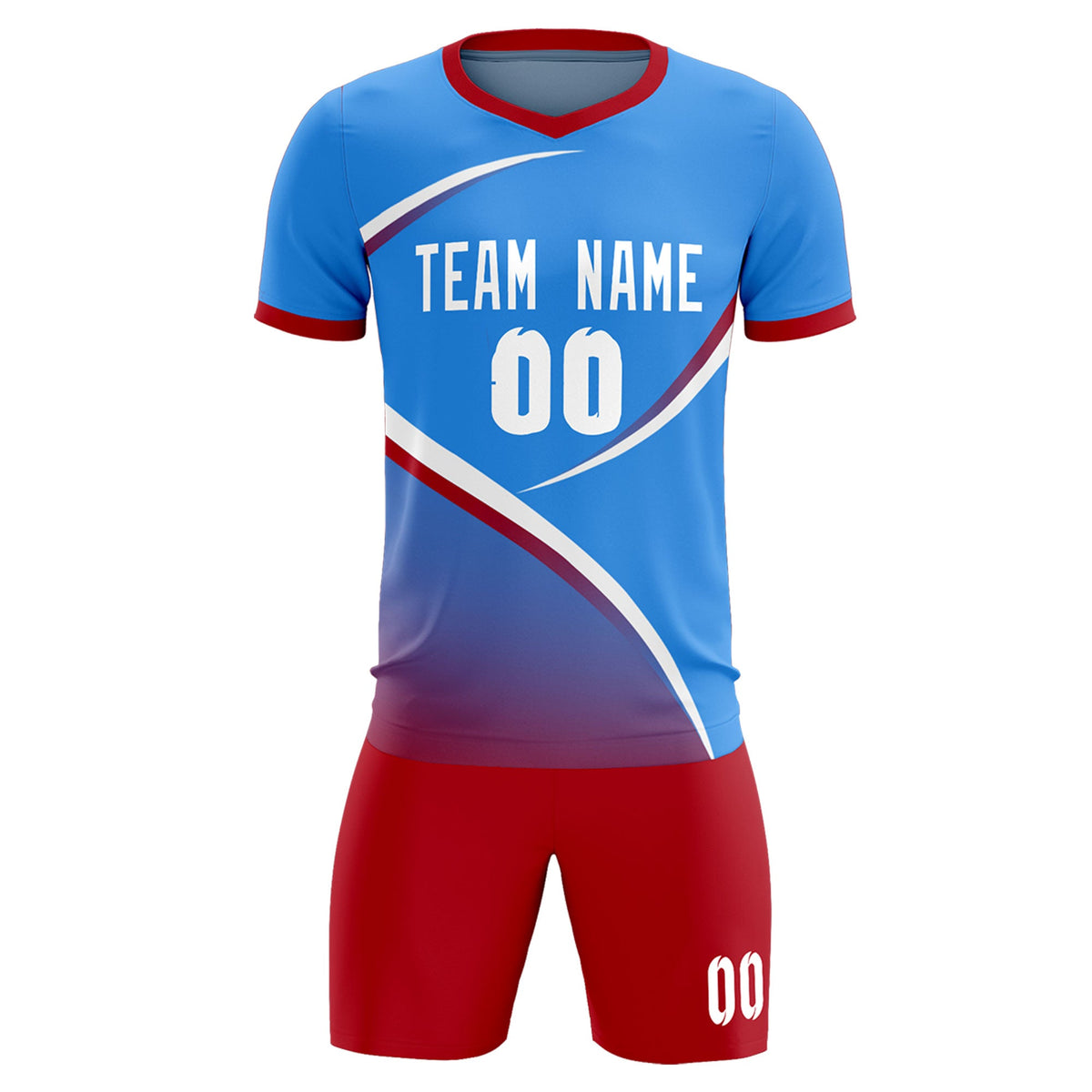 Custom Powder Blue Red Color Block Training Uniform For Men Soccer Sets Jersey