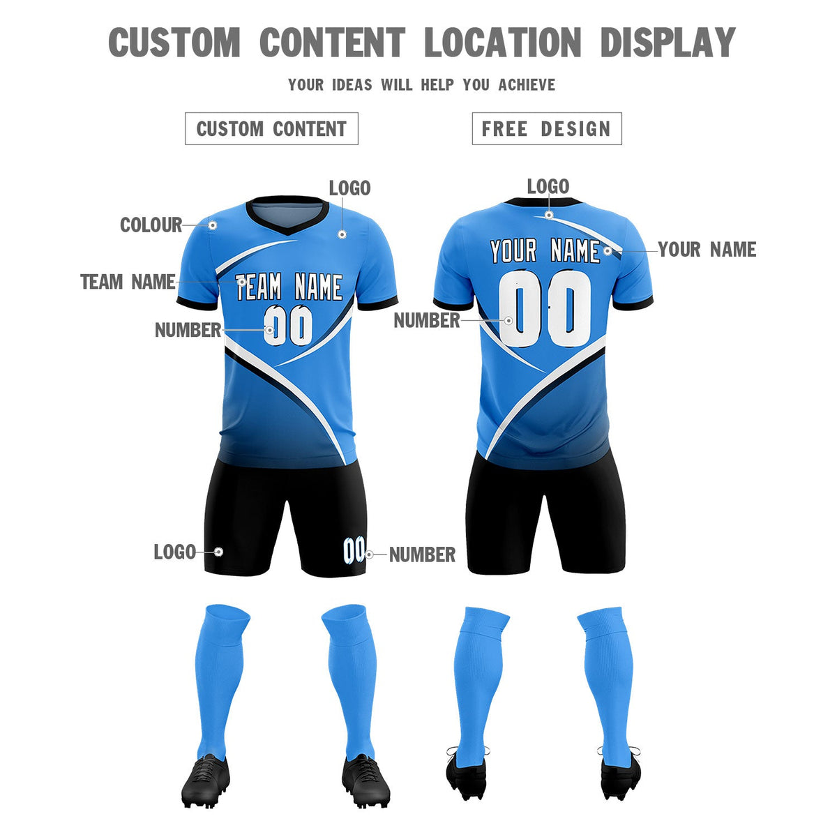 Custom Powder Blue Navy Color Block Training Uniform For Men Soccer Sets Jersey
