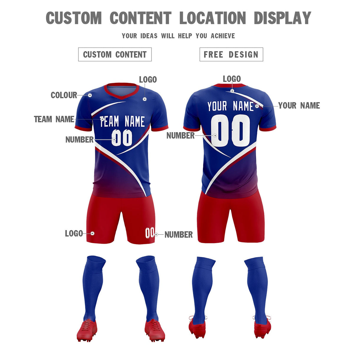 Custom Royal Red Color Block Training Uniform For Men Soccer Sets Jersey