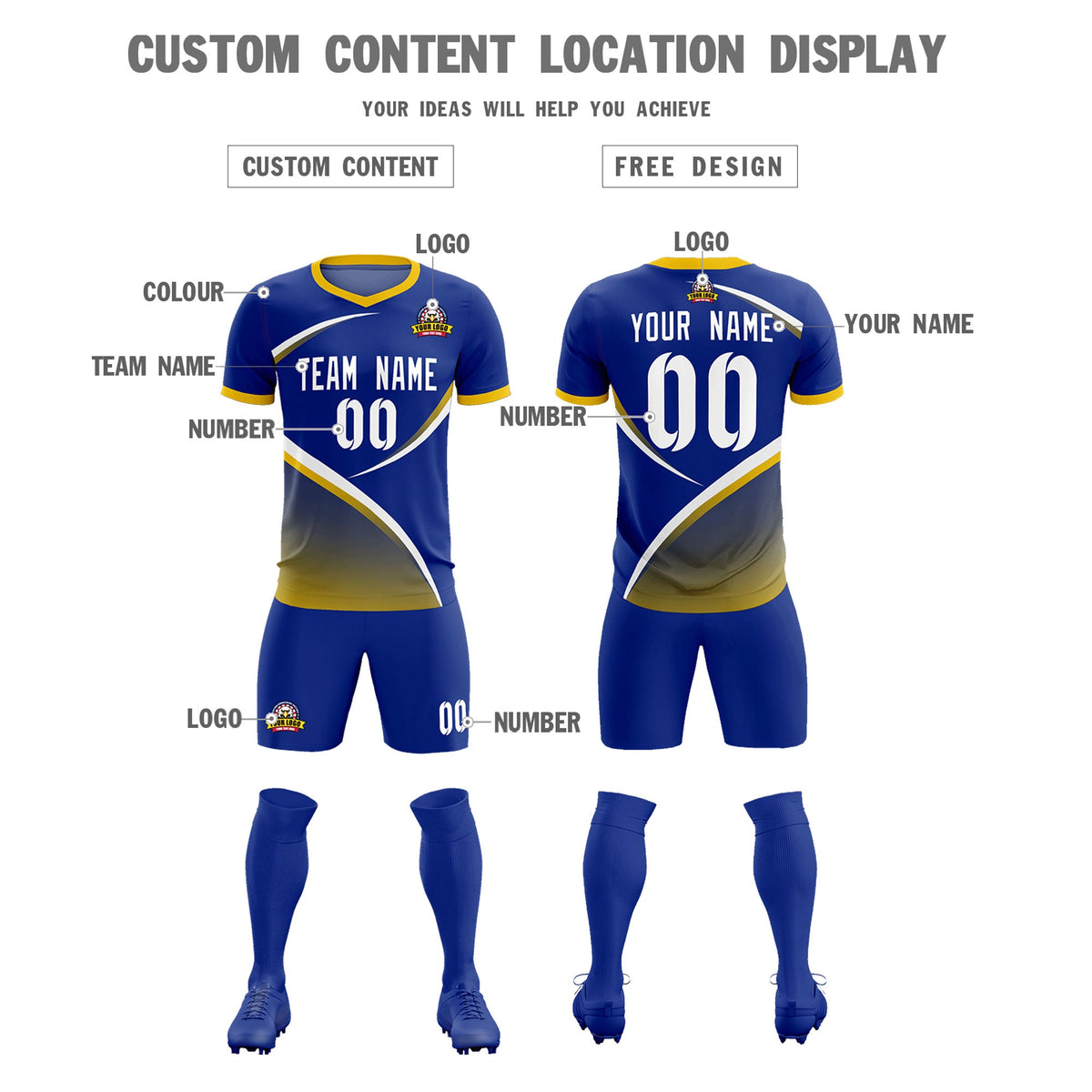 Custom Royal Gold Color Block Training Uniform For Men Soccer Sets Jersey
