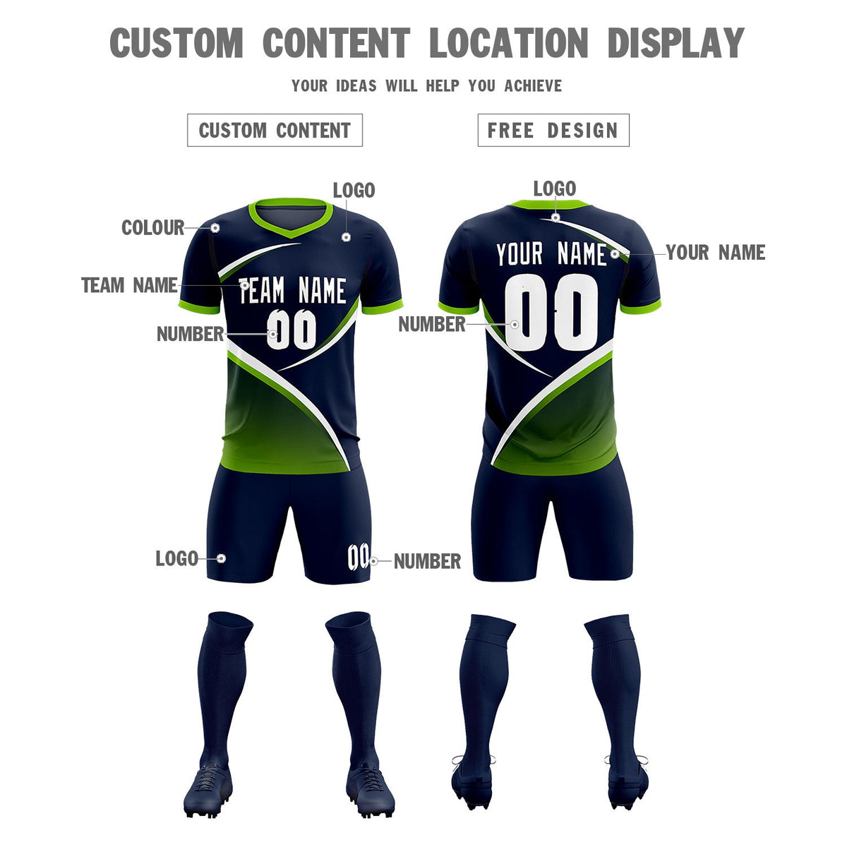 Custom Navy Neon Green Color Block Training Uniform For Men Soccer Sets Jersey