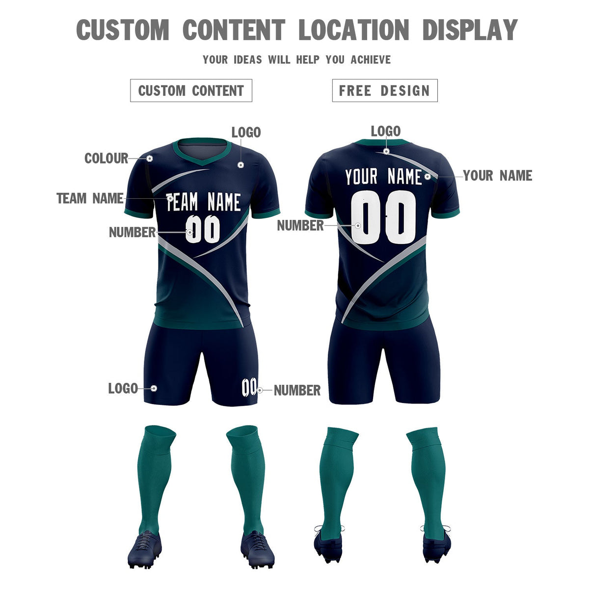 Custom Navy Aqua Color Block Training Uniform For Men Soccer Sets Jersey