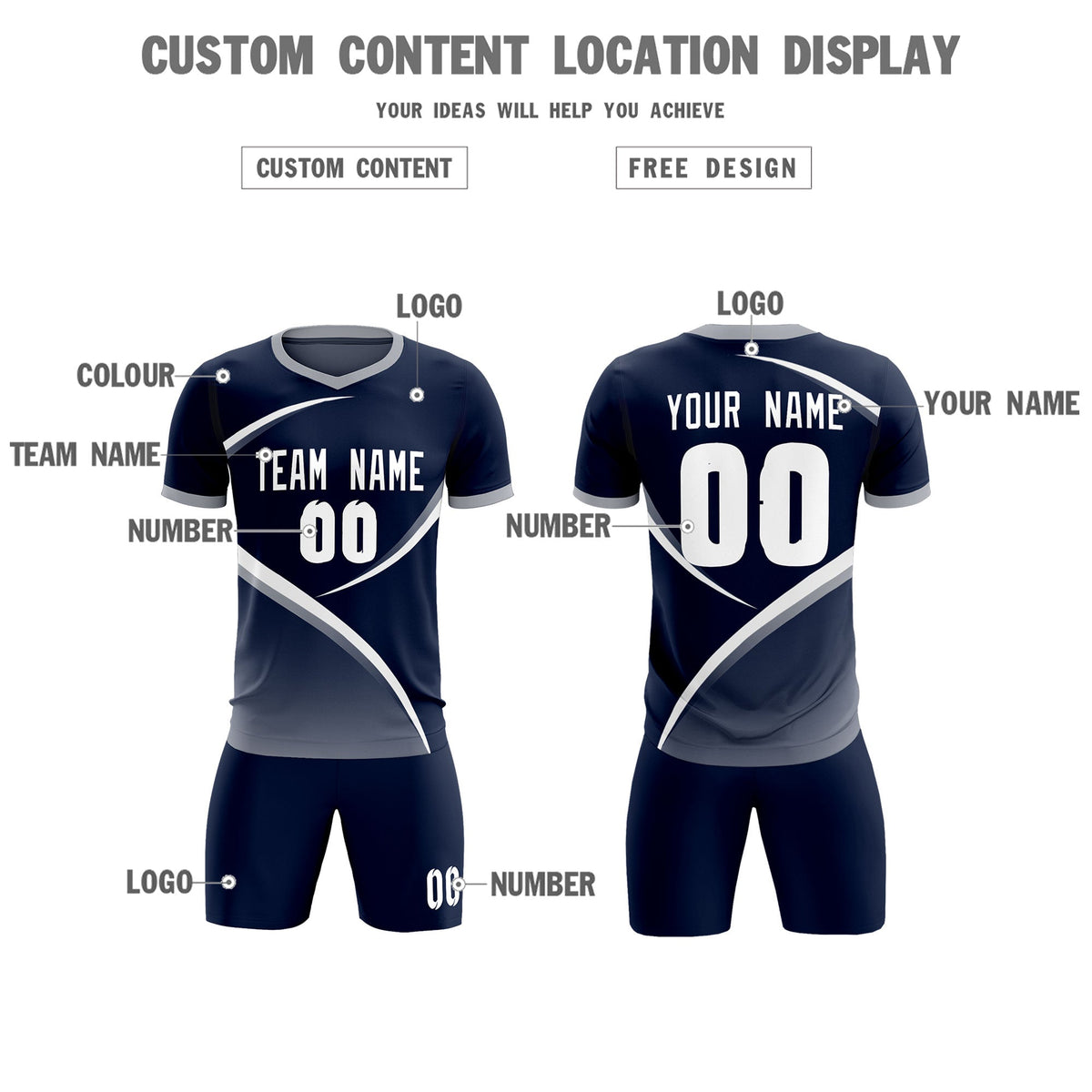 Custom Navy Gray Color Block Training Uniform For Men Soccer Sets Jersey