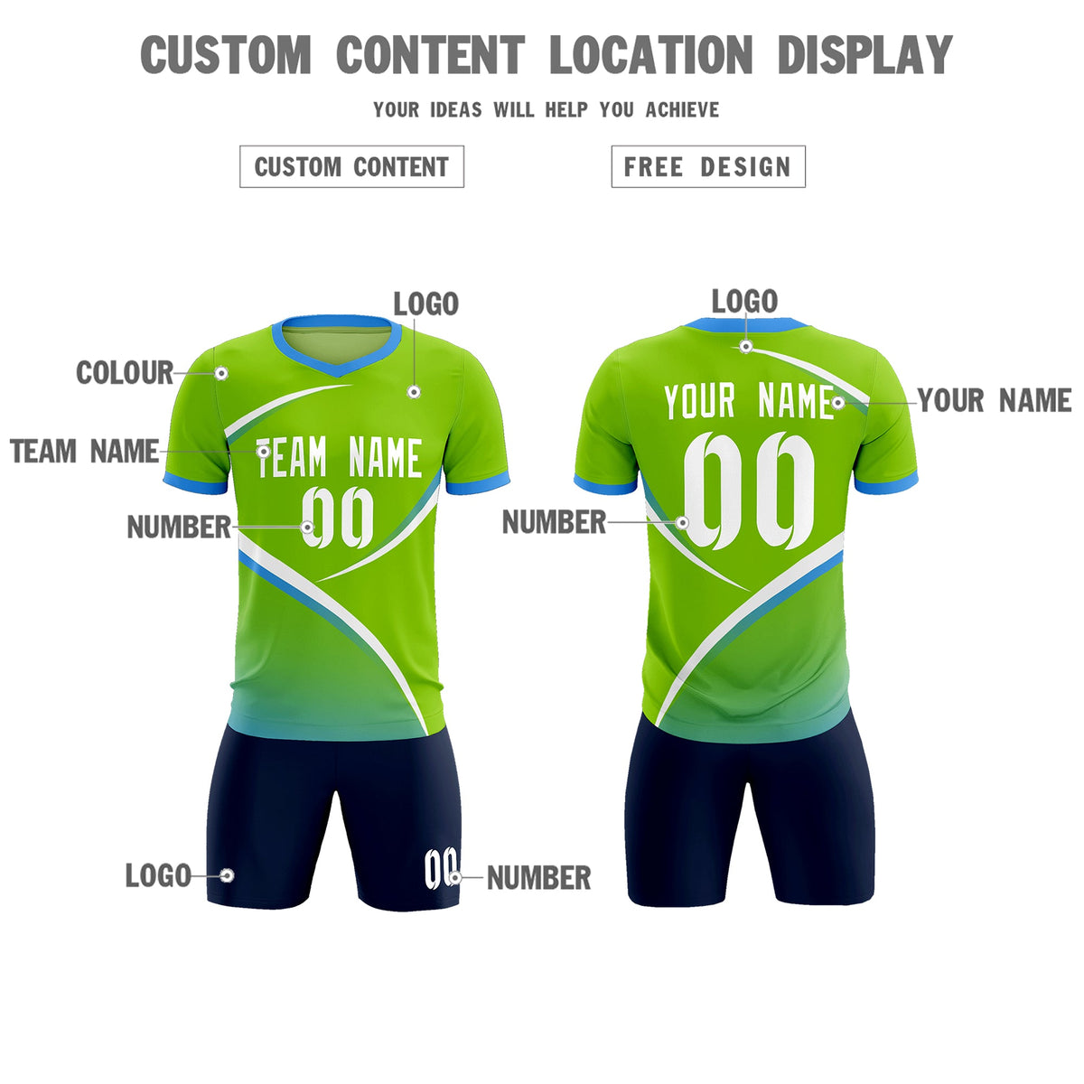 Custom Neon Green Powder Blue Color Block Training Uniform For Men Soccer Sets Jersey