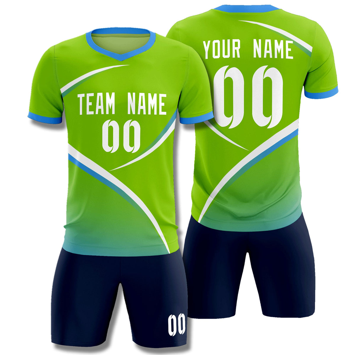 Custom Neon Green Powder Blue Color Block Training Uniform For Men Soccer Sets Jersey