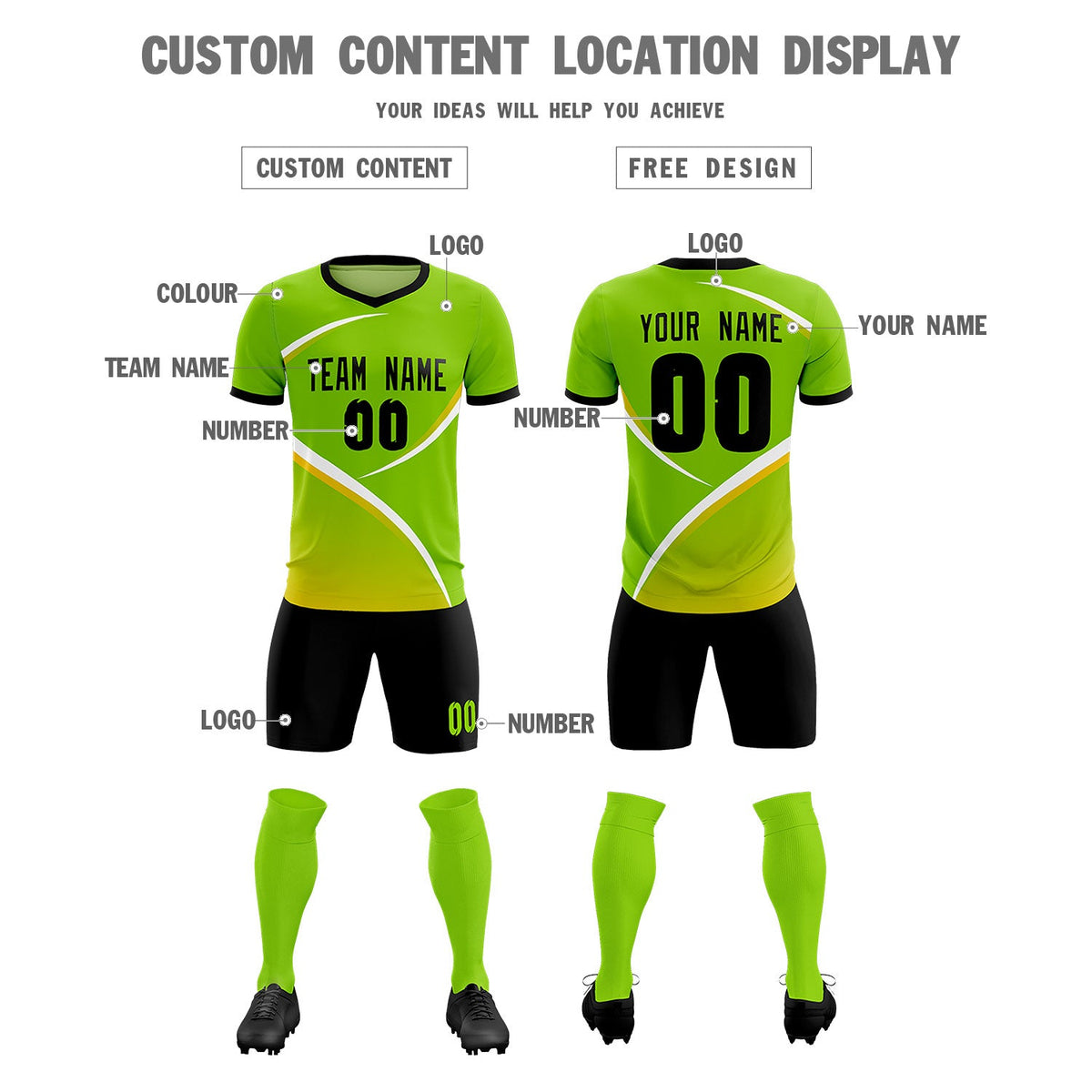 Custom Neon Green Black Color Block Training Uniform For Men Soccer Sets Jersey