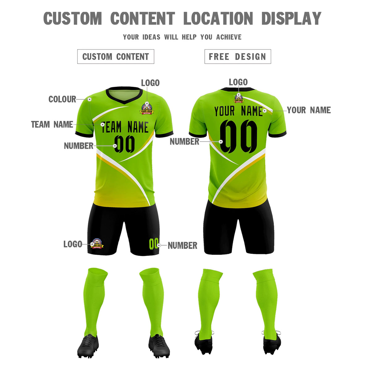 Custom Neon Green Black Color Block Training Uniform For Men Soccer Sets Jersey
