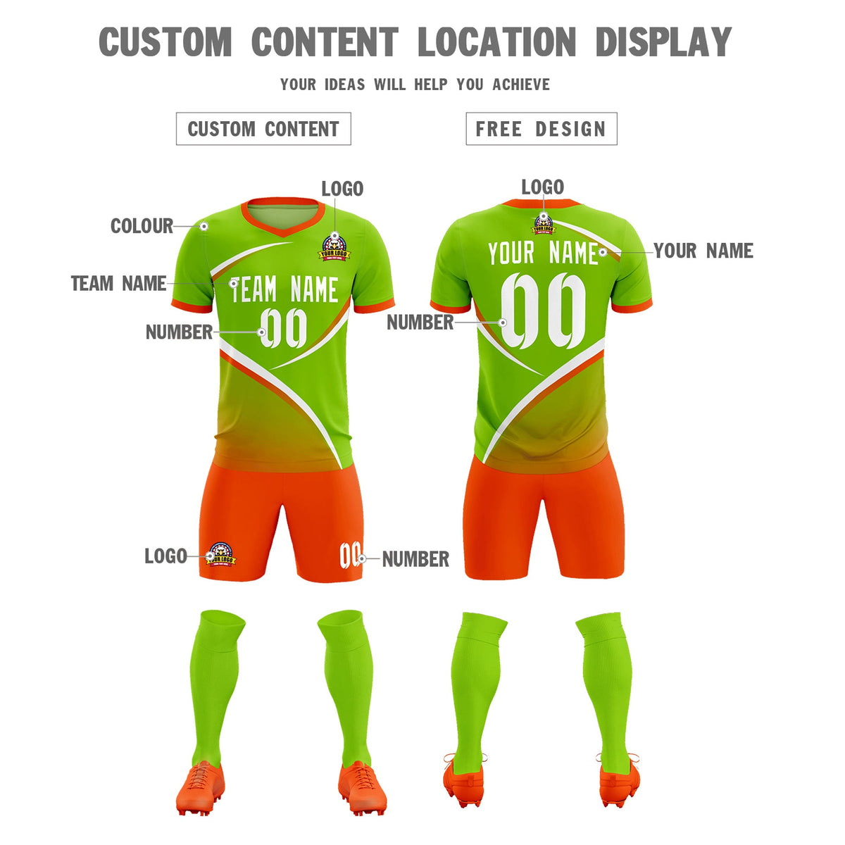 Custom Neon Green Orange Color Block Training Uniform For Men Soccer Sets Jersey