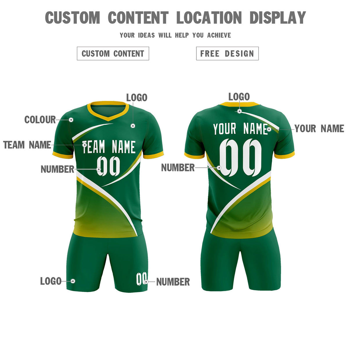Custom Kelly Green Gold Color Block Training Uniform For Men Soccer Sets Jersey