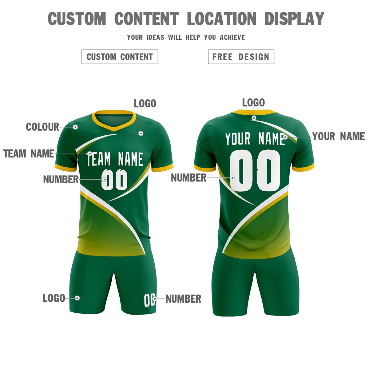 Custom Kelly Green Gold Color Block Training Uniform For Men Soccer Sets Jersey