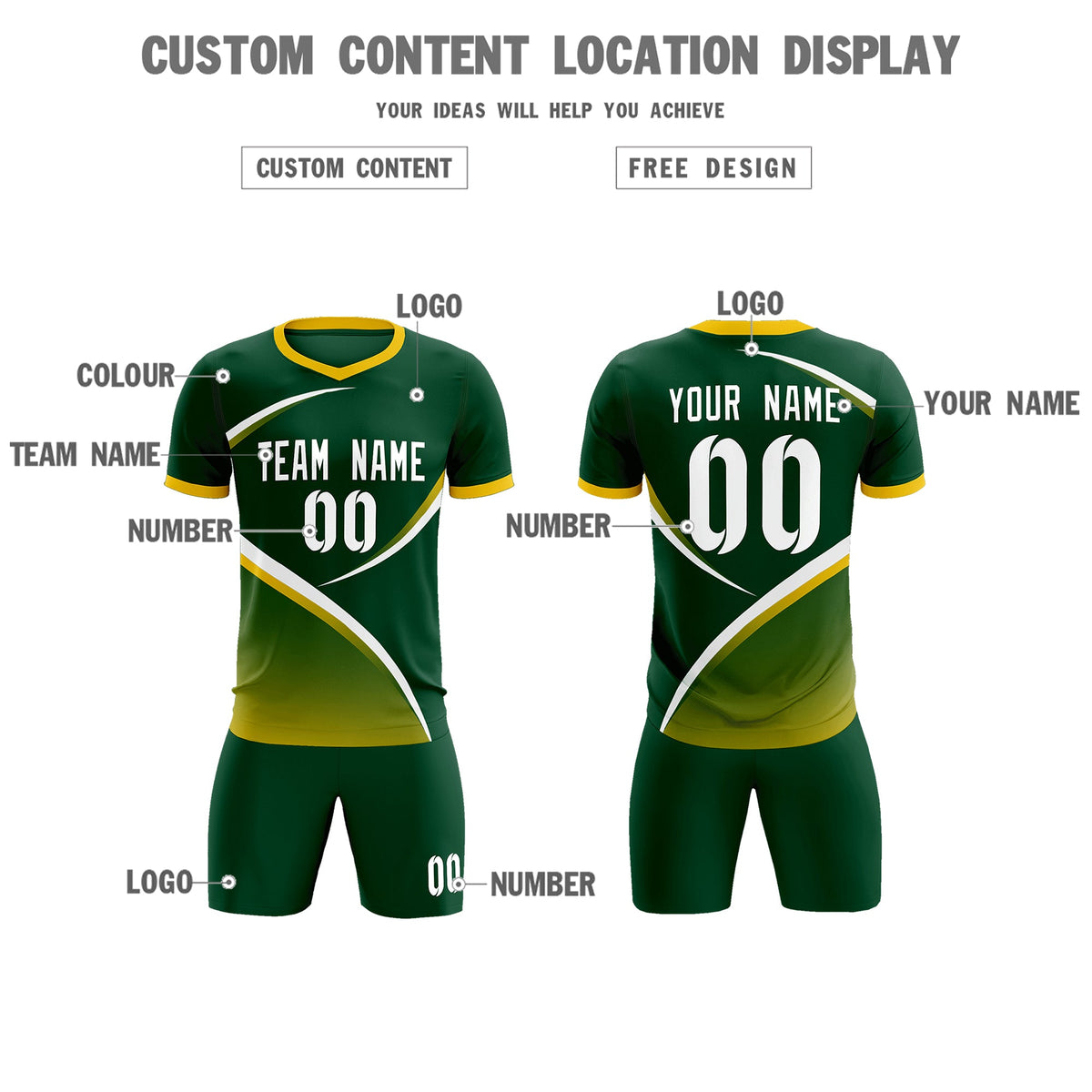 Custom Green Gold Color Block Training Uniform For Men Soccer Sets Jersey