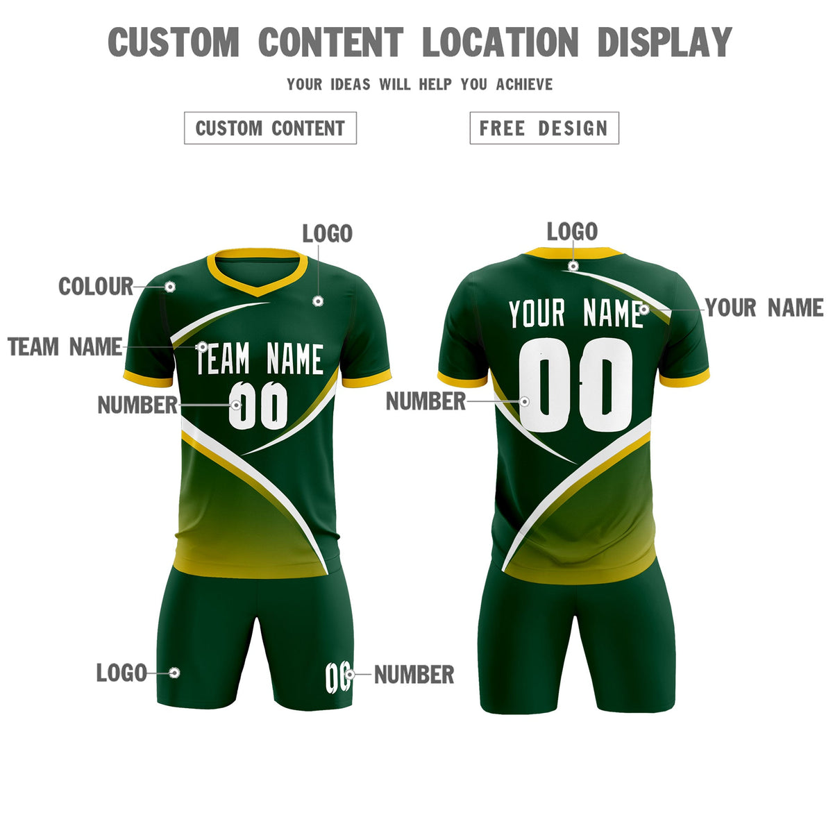 Custom Green Gold Color Block Training Uniform For Men Soccer Sets Jersey