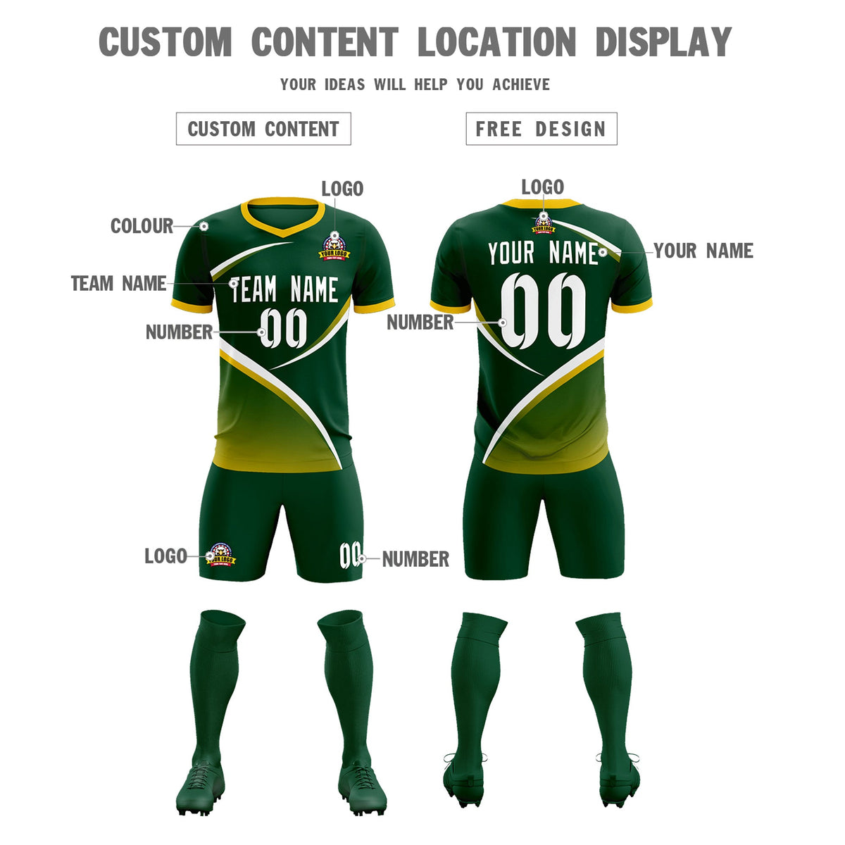 Custom Green Gold Color Block Training Uniform For Men Soccer Sets Jersey