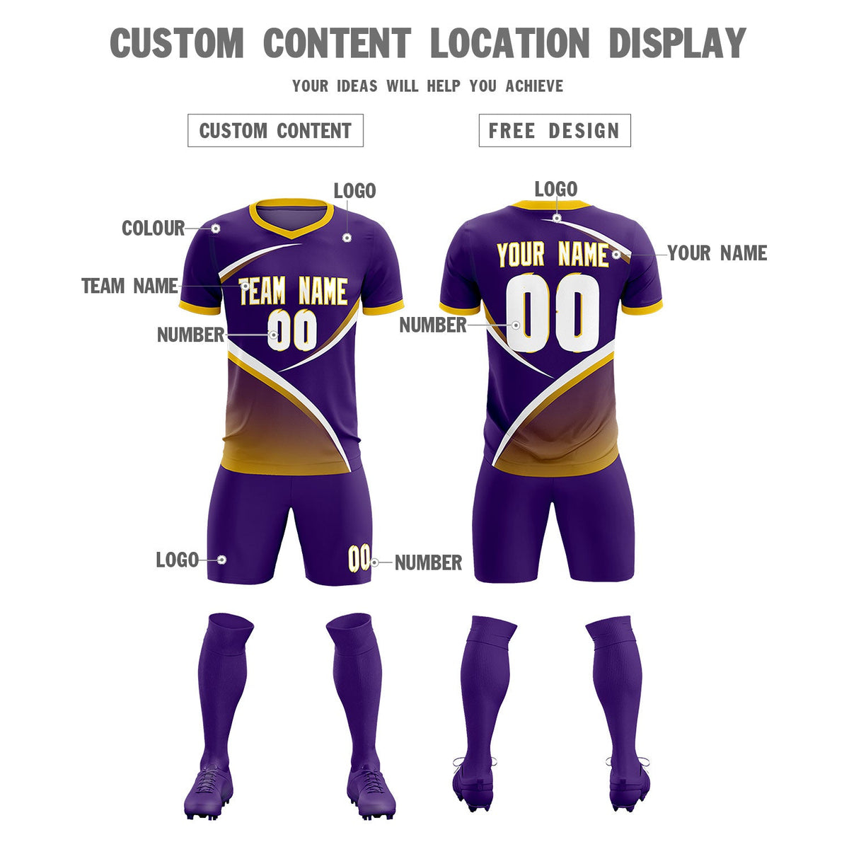 Custom Purple Gold Color Block Training Uniform For Men Soccer Sets Jersey