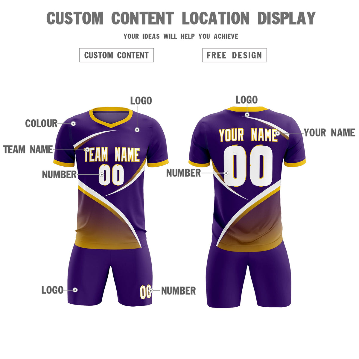 Custom Purple Gold Color Block Training Uniform For Men Soccer Sets Jersey