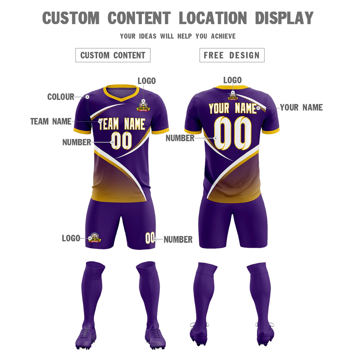 Custom Purple Gold Color Block Training Uniform For Men Soccer Sets Jersey