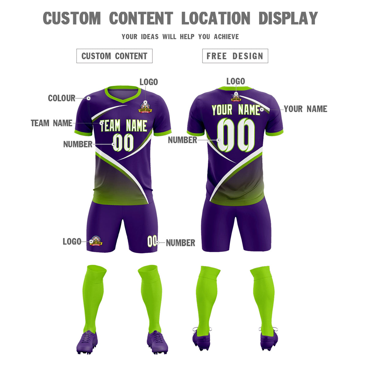 Custom Purple Neon Green Color Block Training Uniform For Men Soccer Sets Jersey