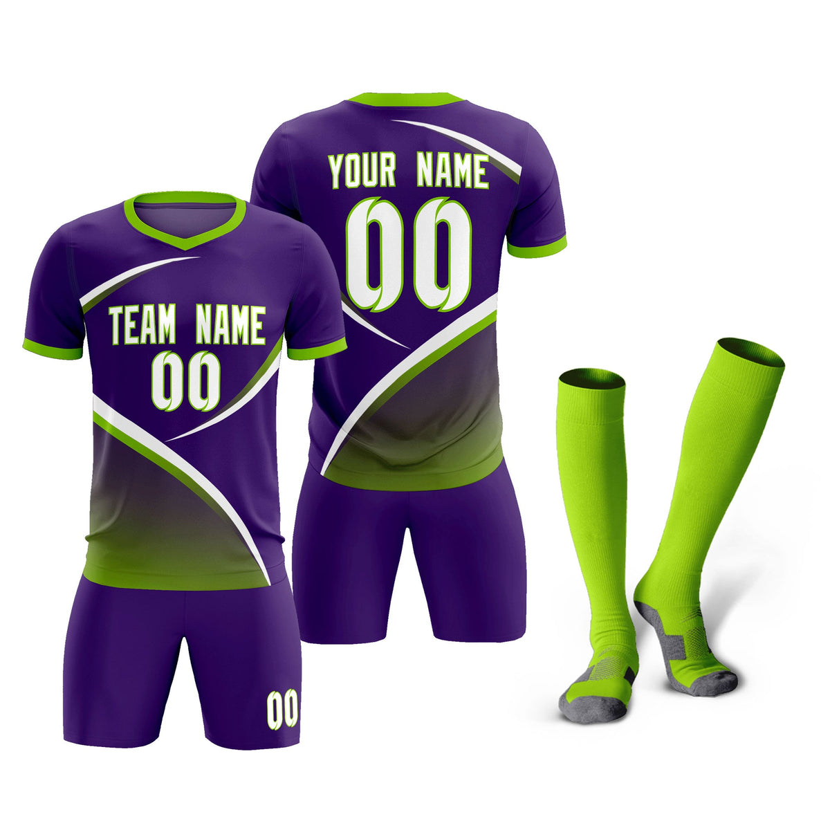 Custom Purple Neon Green Color Block Training Uniform For Men Soccer Sets Jersey