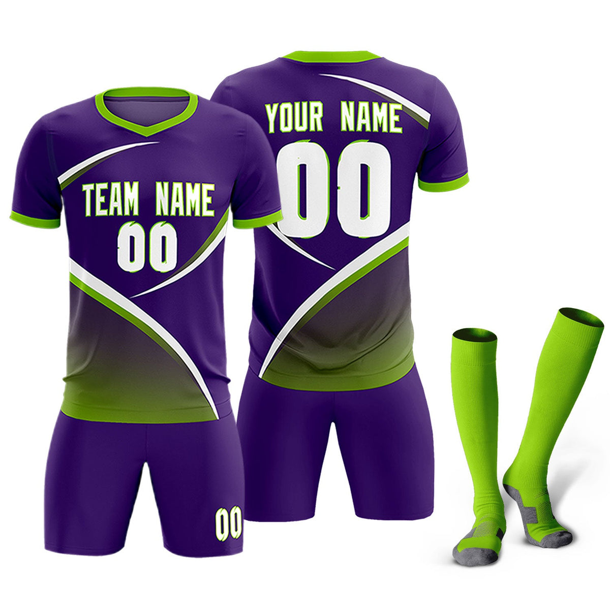 Custom Purple Neon Green Color Block Training Uniform For Men Soccer Sets Jersey