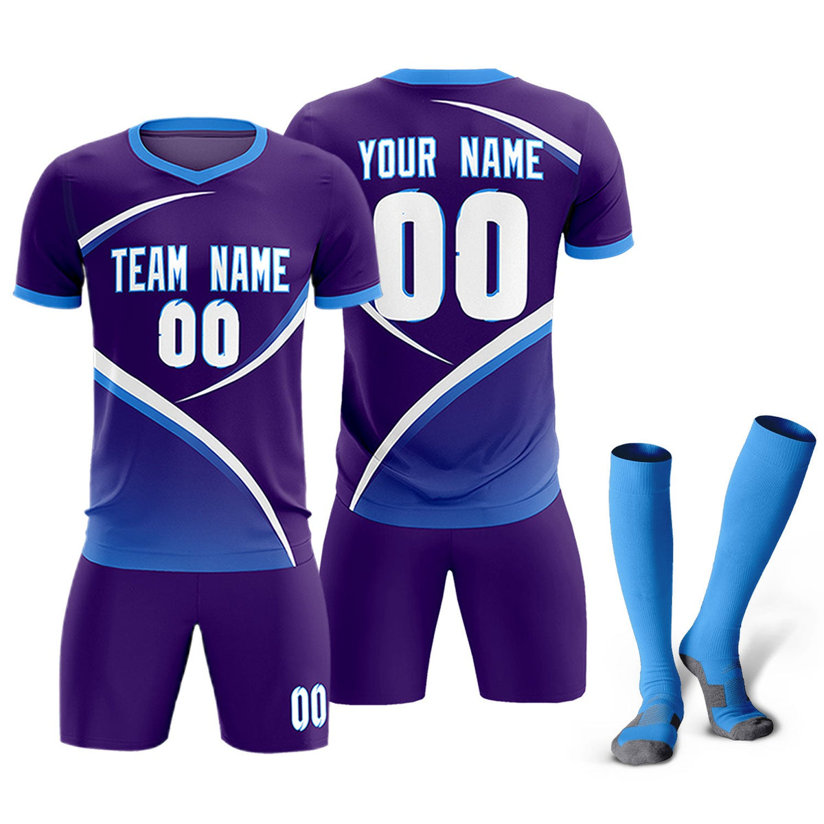Custom Purple Powder Blue Color Block Training Uniform For Men Soccer Sets Jersey