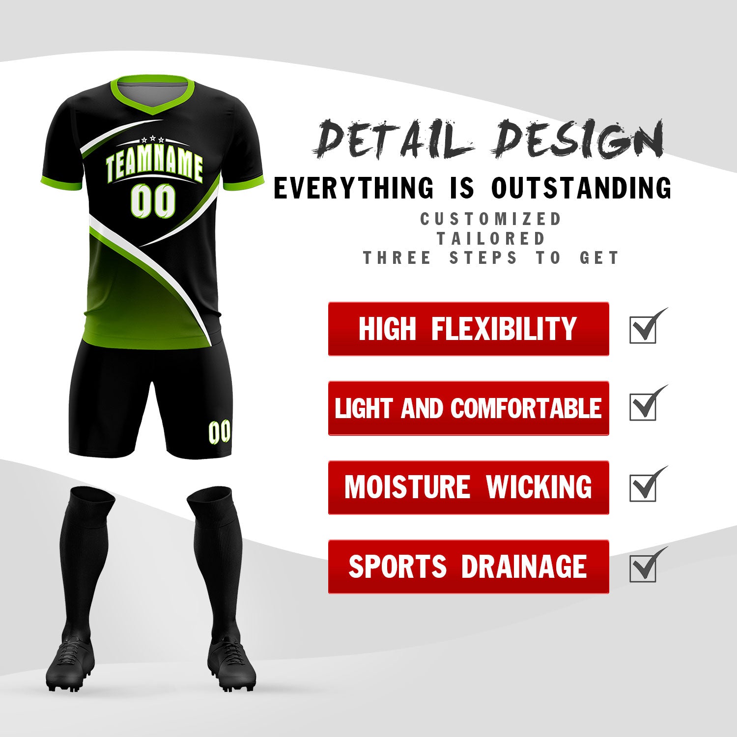 Custom Black Neon Green Color Block Training Uniform For Men Soccer Sets Jersey
