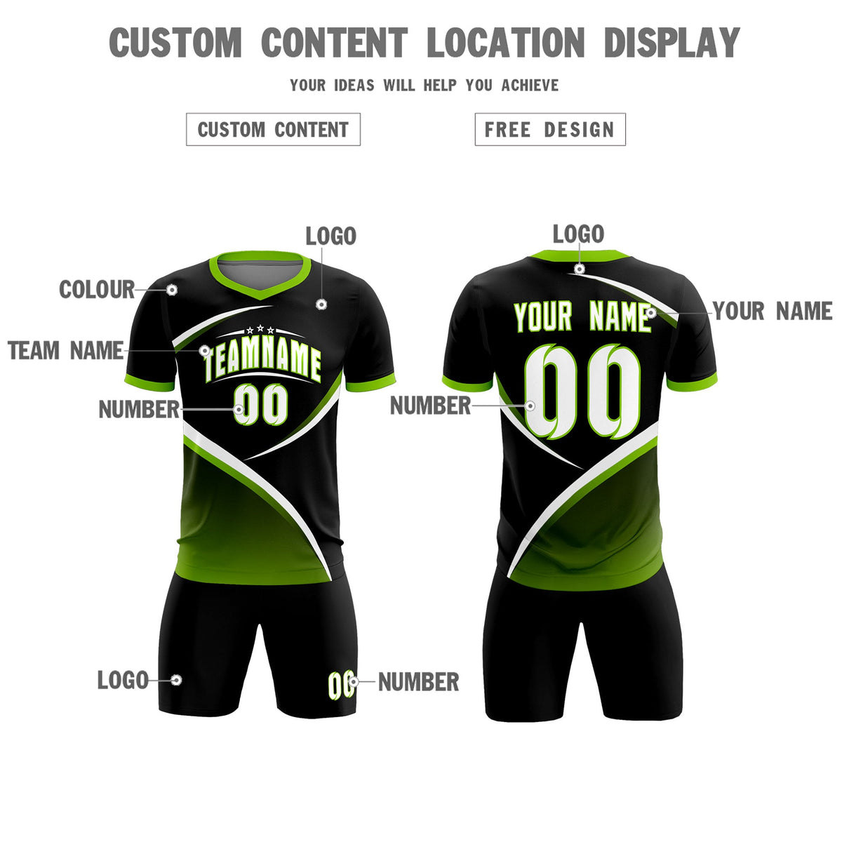 Custom Black Neon Green Color Block Training Uniform For Men Soccer Sets Jersey