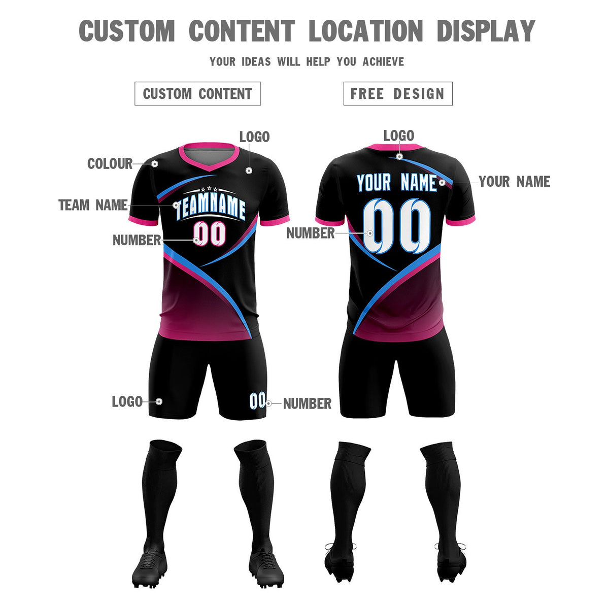 Custom Black Pink Color Block Training Uniform For Men Soccer Sets Jersey