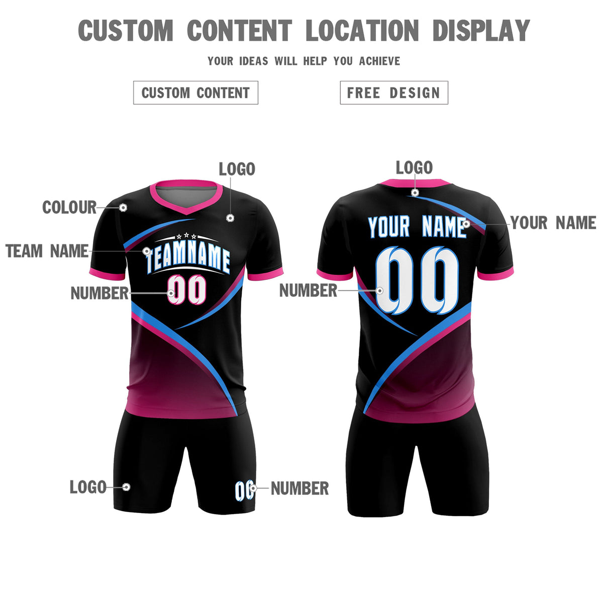 Custom Black Pink Color Block Training Uniform For Men Soccer Sets Jersey