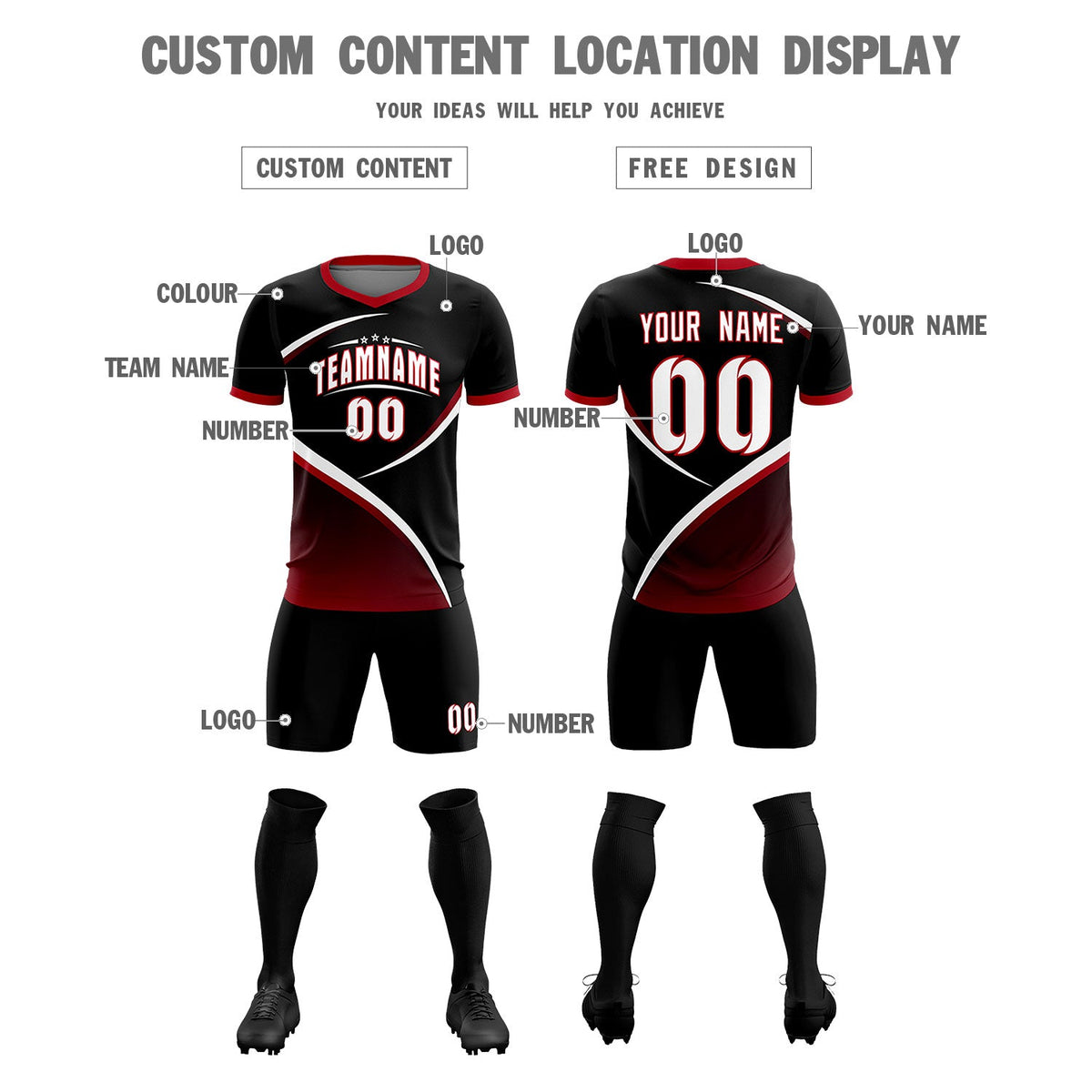 Custom Black Red Color Block Training Uniform For Men Soccer Sets Jersey