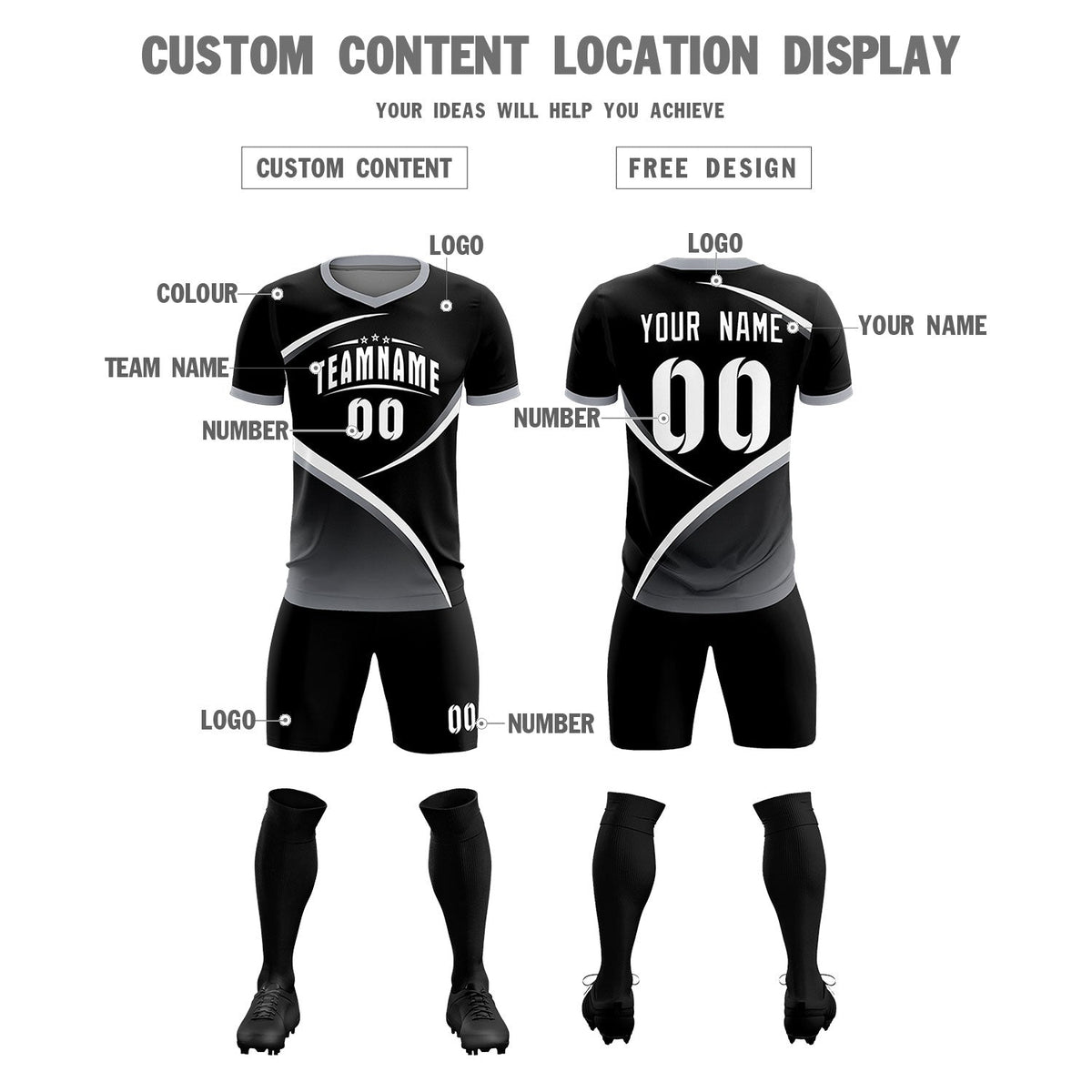 Custom Black Gray Color Block Training Uniform For Men Soccer Sets Jersey