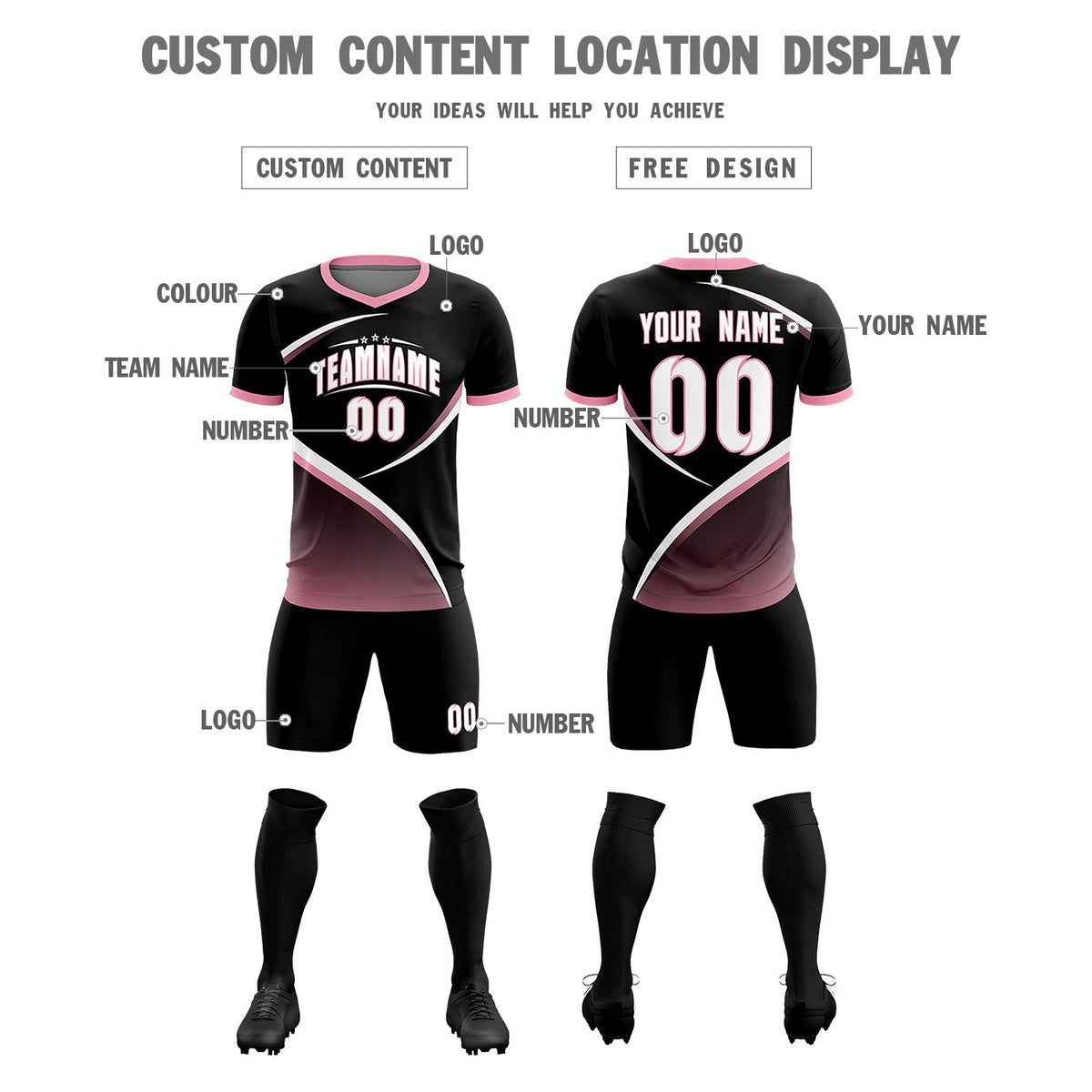 Custom Black Light Pink Color Block Training Uniform For Men Soccer Sets Jersey