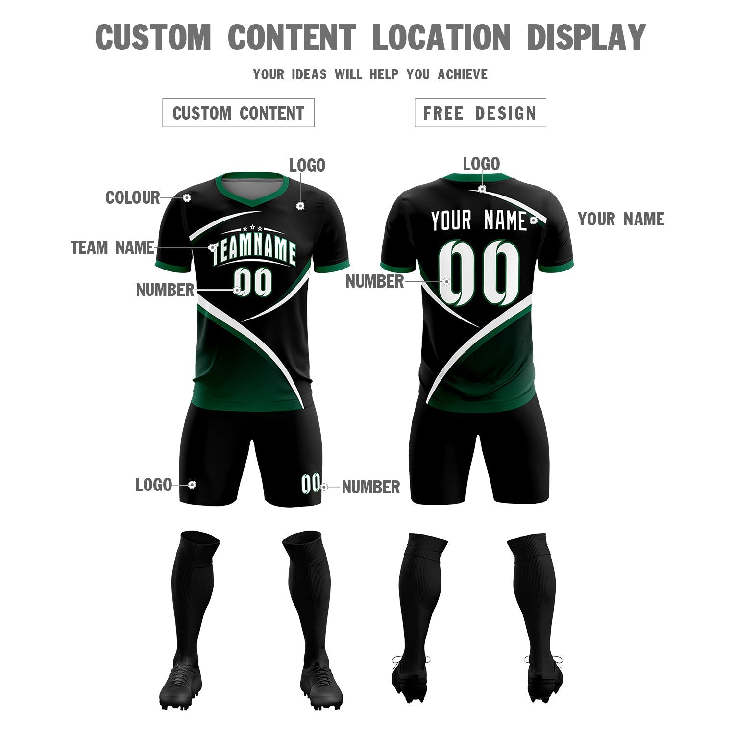 Custom Black Kelly Green Color Block Training Uniform For Men Soccer Sets Jersey