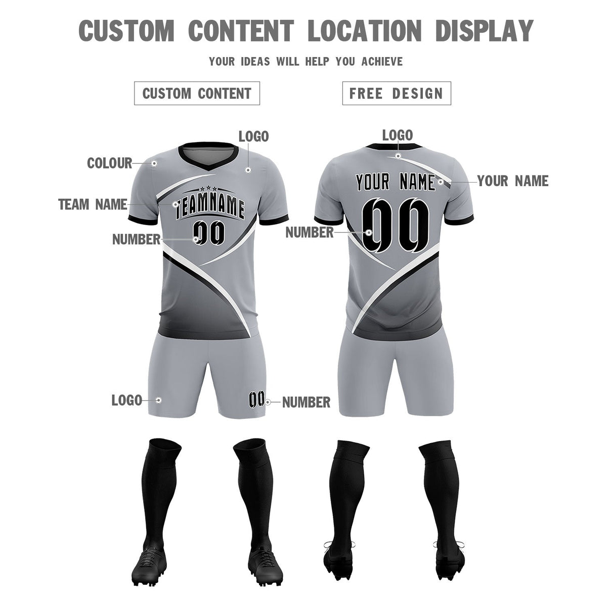 Custom Gray Black Color Block Training Uniform For Men Soccer Sets Jersey