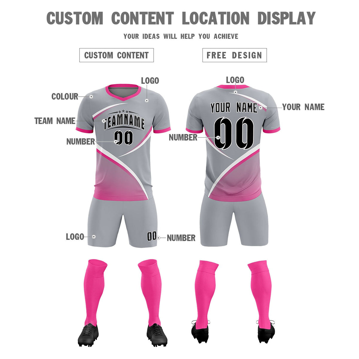 Custom Gray Pink Color Block Training Uniform For Men Soccer Sets Jersey