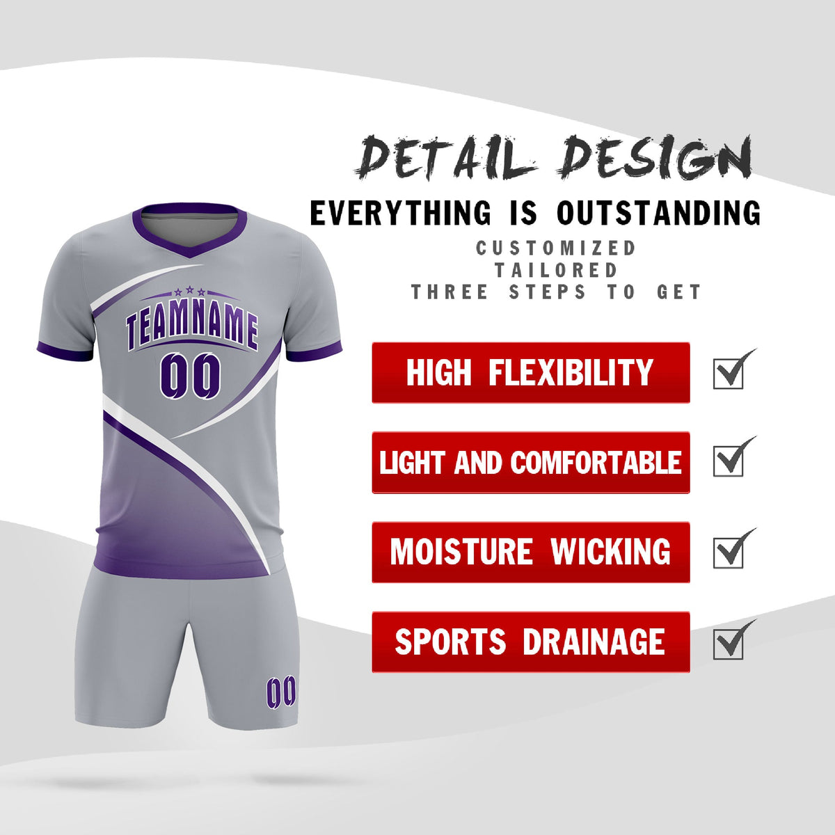 Custom Gray Purple Color Block Training Uniform For Men Soccer Sets Jersey