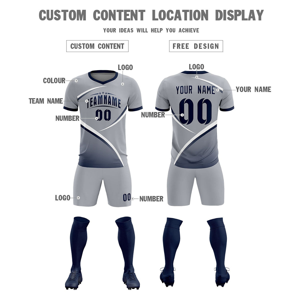 Custom Gray Navy Color Block Training Uniform For Men Soccer Sets Jersey
