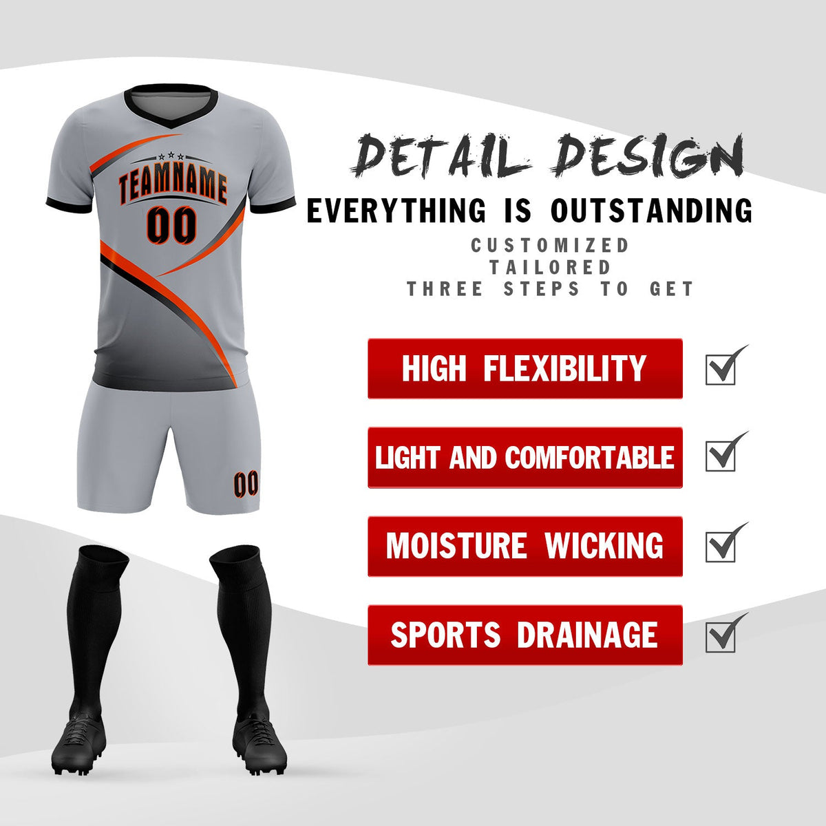 Custom Gray Black Color Block Training Uniform For Men Soccer Sets Jersey