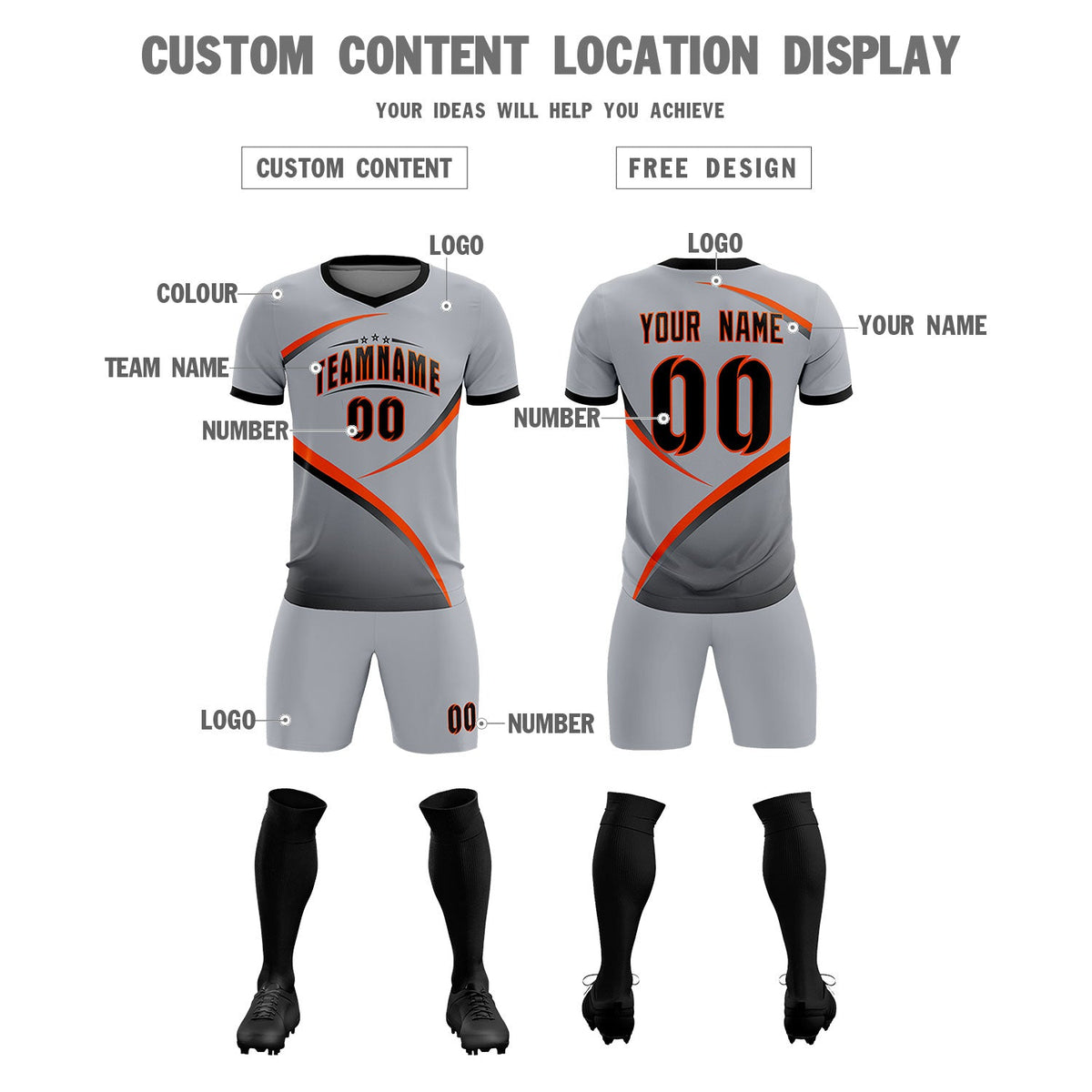 Custom Gray Black Color Block Training Uniform For Men Soccer Sets Jersey