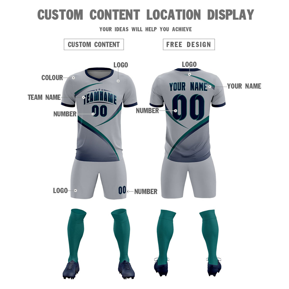 Custom Gray Navy Color Block Training Uniform For Men Soccer Sets Jersey