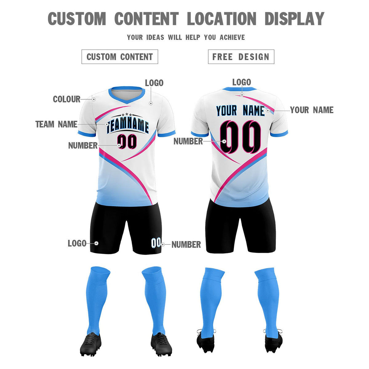 Custom White Powder Blue Color Block Training Uniform For Men Soccer Sets Jersey