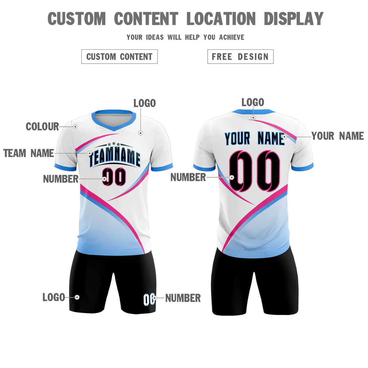 Custom White Powder Blue Color Block Training Uniform For Men Soccer Sets Jersey