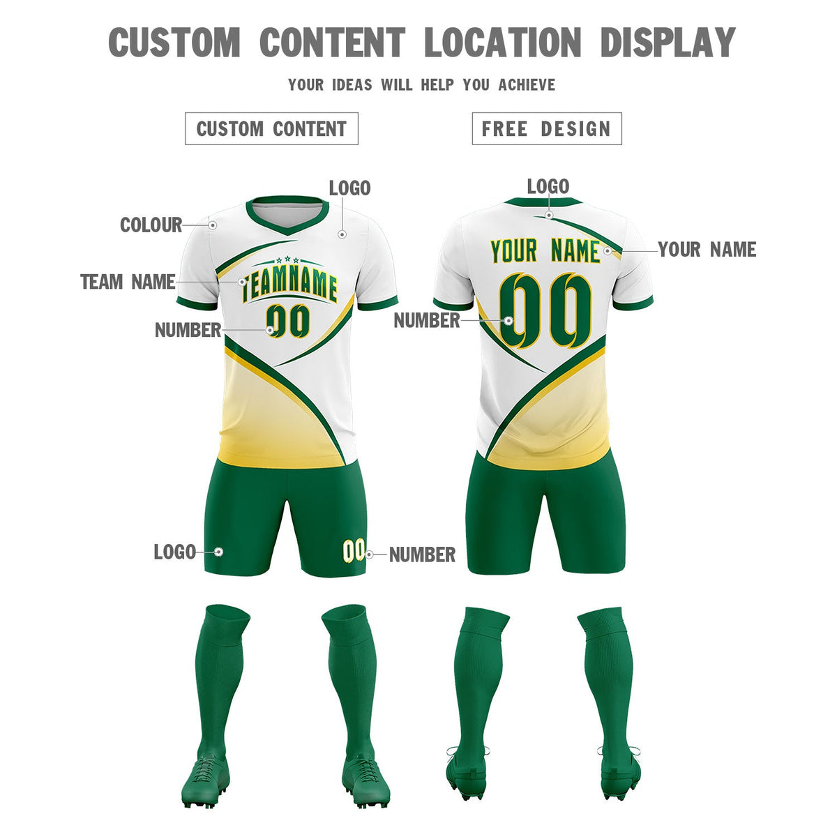 Custom White Kelly Green Color Block Training Uniform For Men Soccer Sets Jersey