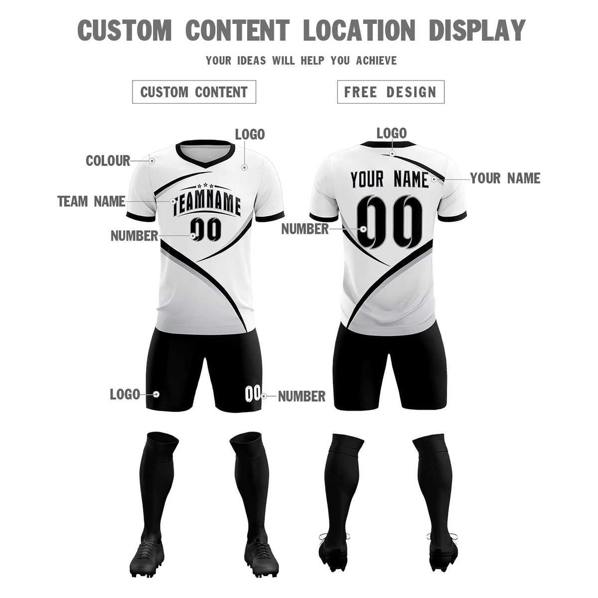 Custom White Black Color Block Training Uniform For Men Soccer Sets Jersey