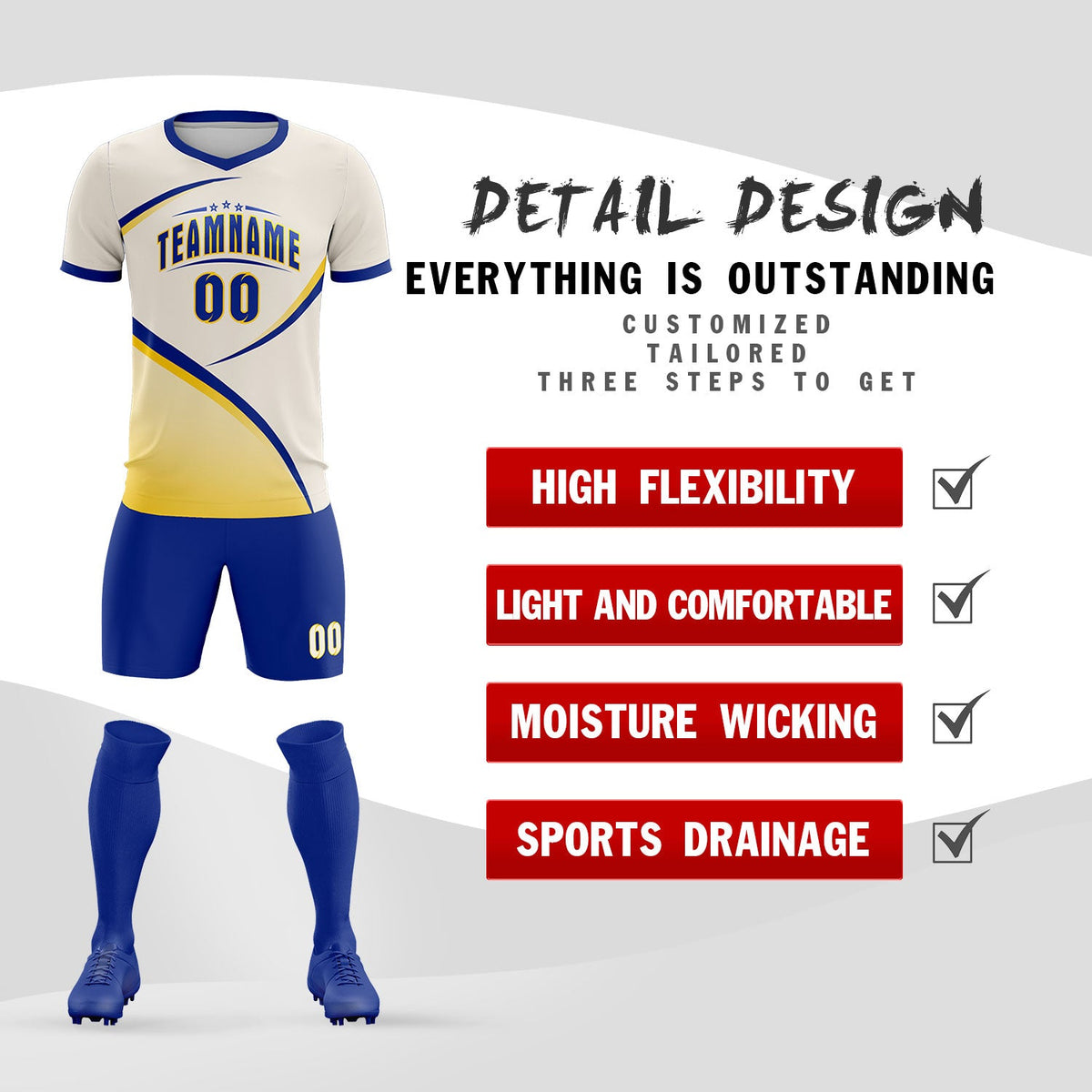 Custom Cream Royal Color Block Training Uniform For Men Soccer Sets Jersey