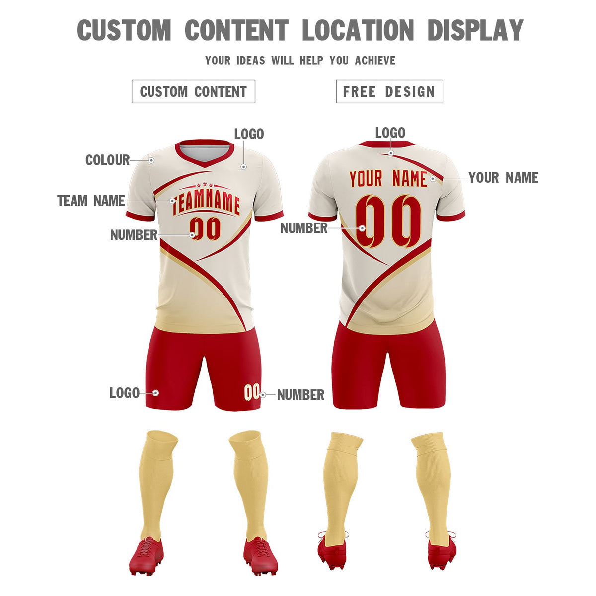 Custom Cream Red Color Block Training Uniform For Men Soccer Sets Jersey