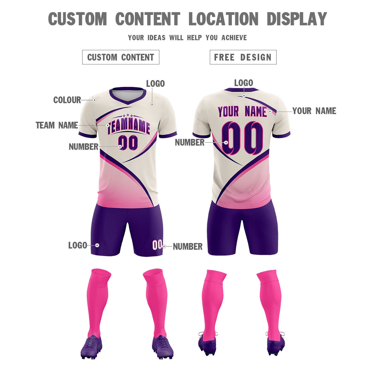 Custom Cream Purple Color Block Training Uniform For Men Soccer Sets Jersey